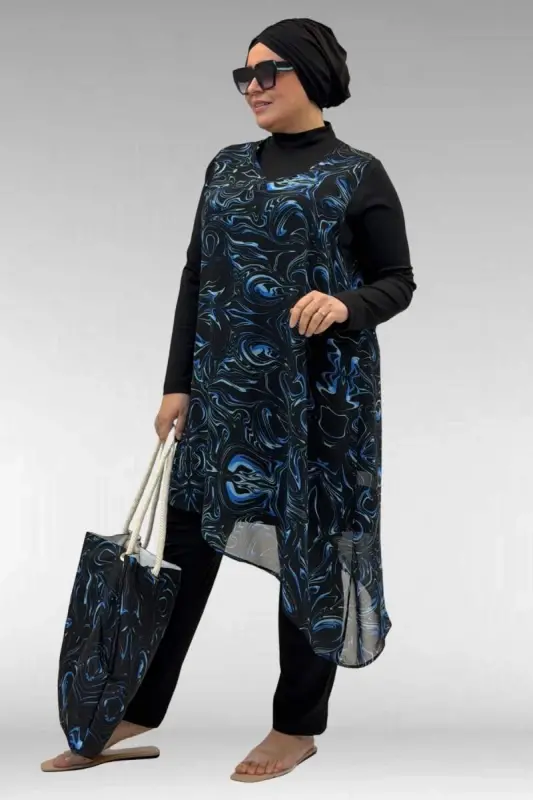 1723 Büyük Beden Uzunkol Şifon Pareolu Tesettür Mayo - Aqua Mavi - 3