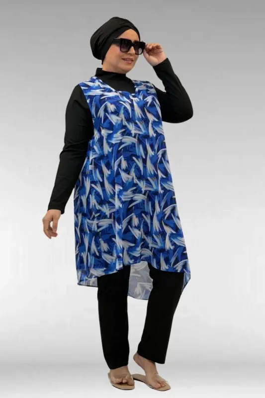 1723 Büyük Beden Uzunkol Şifon Pareolu Tesettür Mayo - Fırça Desen Saks-Siyah - BÜYÜKBEDENIZ