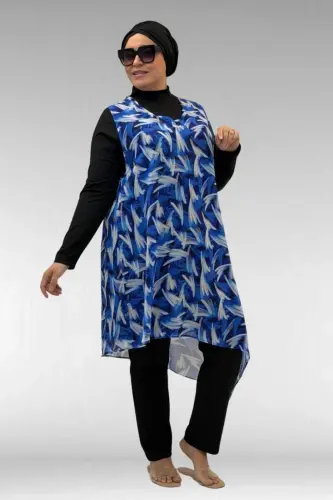 1723 Büyük Beden Uzunkol Şifon Pareolu Tesettür Mayo - Fırça Desen Saks-Siyah - 3