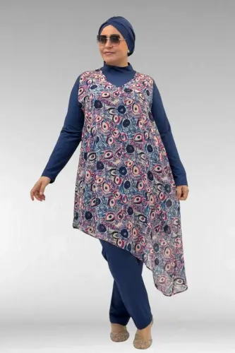 1723 Büyük Beden Uzunkol Şifon Pareolu Tesettür Mayo - Göz Desen İndigo-İndigo - 1