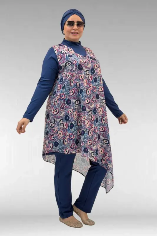 1723 Büyük Beden Uzunkol Şifon Pareolu Tesettür Mayo - Göz Desen İndigo-İndigo - 3