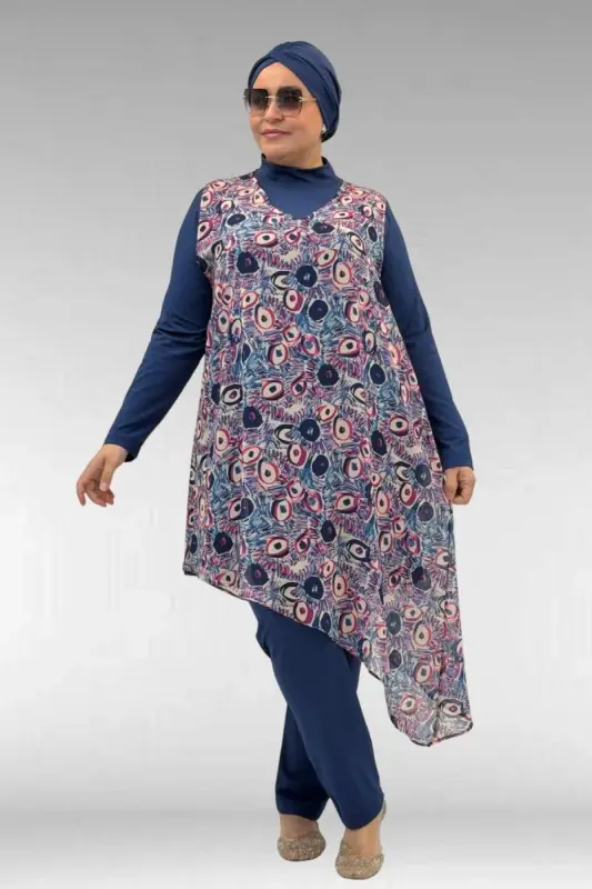 1723 Büyük Beden Uzunkol Şifon Pareolu Tesettür Mayo - Göz Desen İndigo-İndigo - 1
