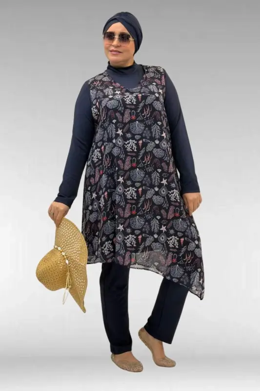 1723 Büyük Beden Uzunkol Şifon Pareolu Tesettür Mayo - Karışık Desen Laci-Laci - BÜYÜKBEDENIZ