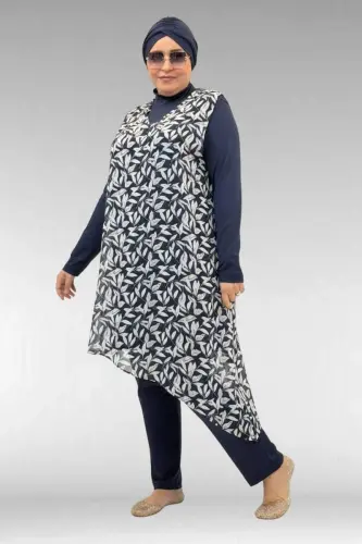 1723 Büyük Beden Uzunkol Şifon Pareolu Tesettür Mayo - Yaprak Desen Ekru-Laci - 1