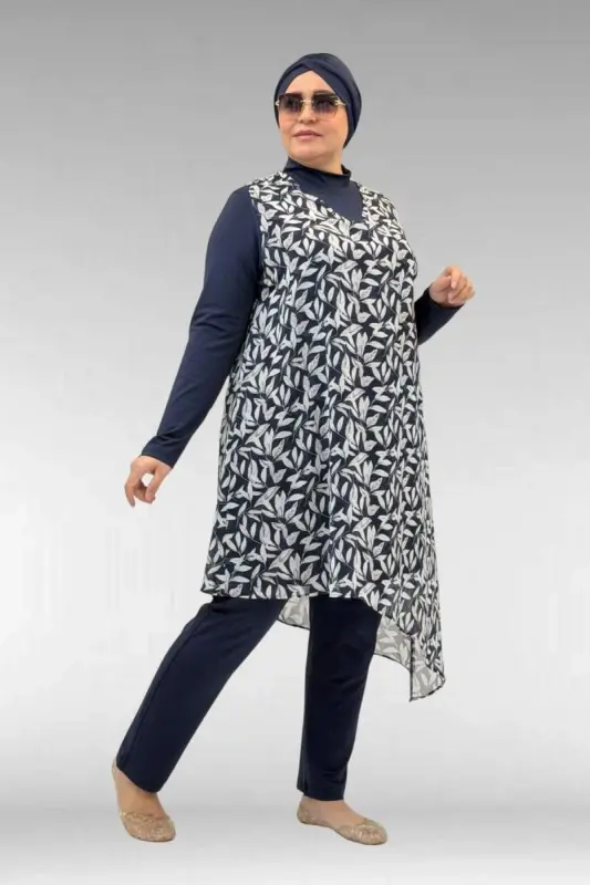 1723 Büyük Beden Uzunkol Şifon Pareolu Tesettür Mayo - Yaprak Desen Ekru-Laci - 3