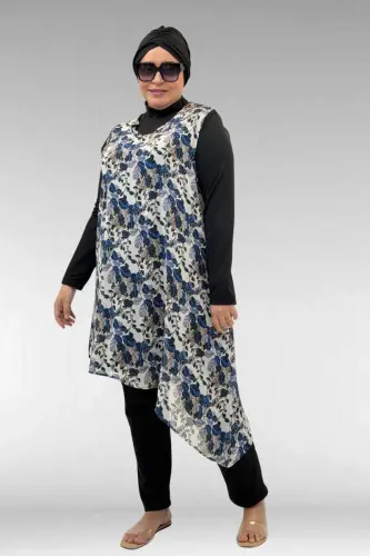 1723 Büyük Beden Uzunkol Şifon Pareolu Tesettür Mayo - Yaprak Desen Mavi - 1