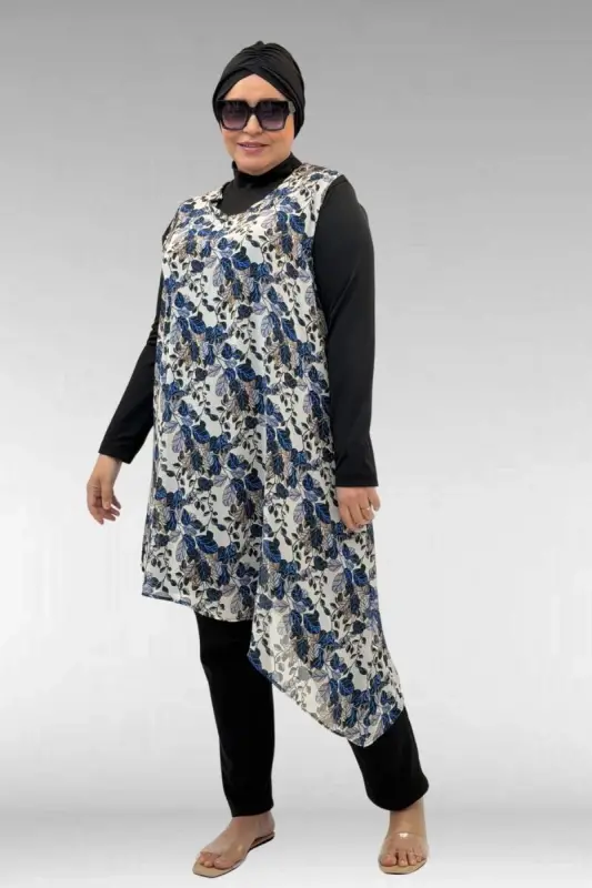 1723 Büyük Beden Uzunkol Şifon Pareolu Tesettür Mayo - Yaprak Desen Mavi - 1