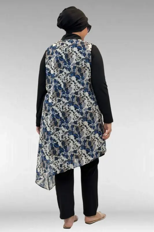 1723 Büyük Beden Uzunkol Şifon Pareolu Tesettür Mayo - Yaprak Desen Mavi - 3