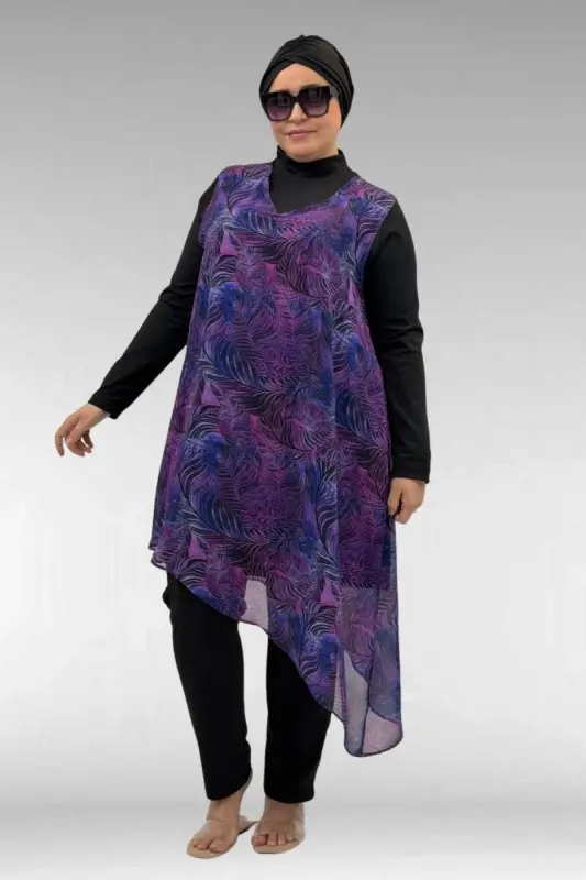 1723 Büyük Beden Uzunkol Şifon Pareolu Tesettür Mayo - Yaprak Desen Mor-Siyah - 1