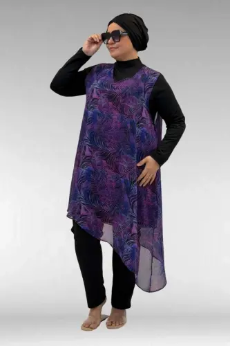 1723 Büyük Beden Uzunkol Şifon Pareolu Tesettür Mayo - Yaprak Desen Mor-Siyah - 3
