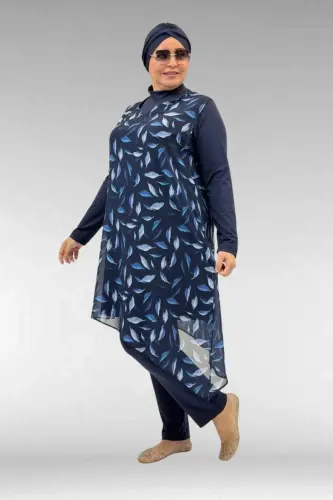 1723 Büyük Beden Uzunkol Şifon Pareolu Tesettür Mayo - Yaprak Desenli Lacivert - 1