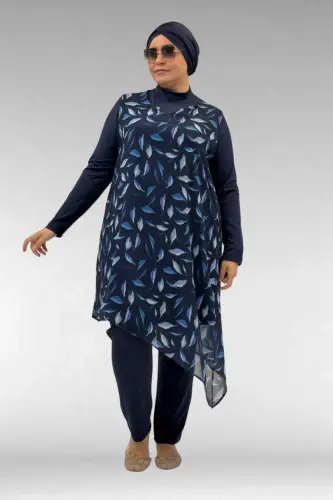 1723 Büyük Beden Uzunkol Şifon Pareolu Tesettür Mayo - Yaprak Desenli Lacivert - 3