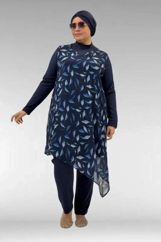 1723 Büyük Beden Uzunkol Şifon Pareolu Tesettür Mayo - Yaprak Desenli Lacivert - 3