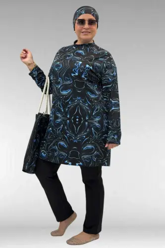 1727 Büyük Beden Uzunkol Tesettür Mayo Takım - Aqua Mavi-Siyah - 1