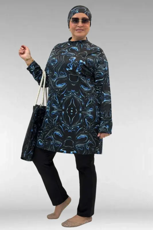 1727 Büyük Beden Uzunkol Tesettür Mayo Takım - Aqua Mavi-Siyah - BÜYÜKBEDENIZ