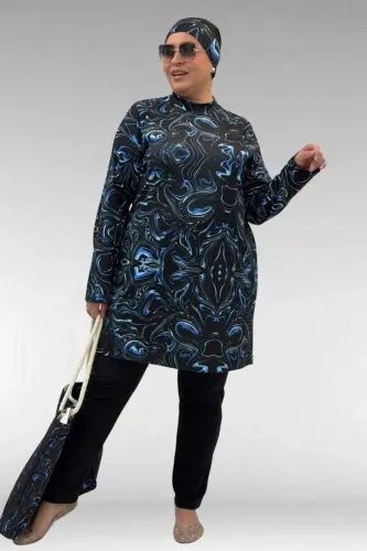 1727 Büyük Beden Uzunkol Tesettür Mayo Takım - Aqua Mavi-Siyah - 2