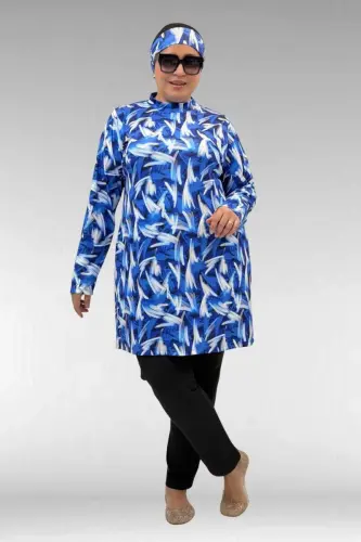 1727 Büyük Beden Uzunkol Tesettür Mayo Takım - Fırça Desen Saks-Siyah - 1