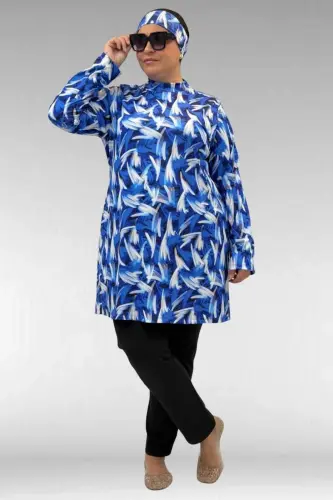 1727 Büyük Beden Uzunkol Tesettür Mayo Takım - Fırça Desen Saks-Siyah - BÜYÜKBEDENIZ (1)