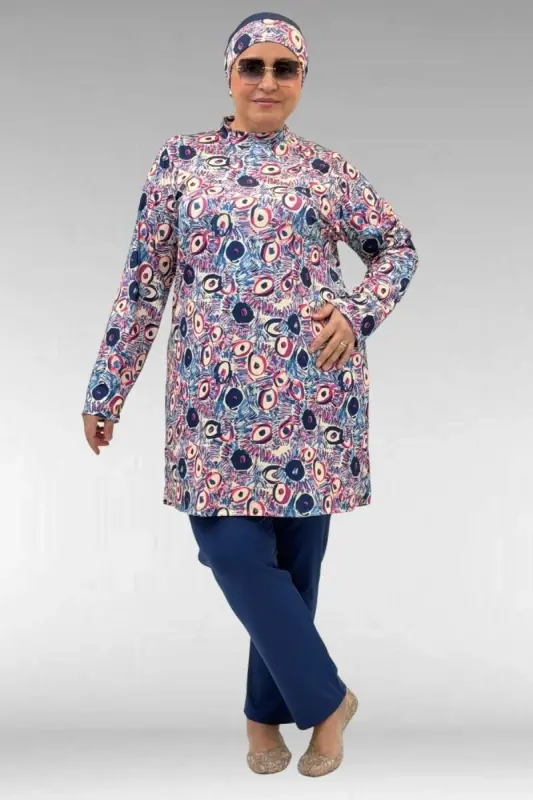 1727 Büyük Beden Uzunkol Tesettür Mayo Takım - Göz Desen İndigo-İndigo - BÜYÜKBEDENIZ