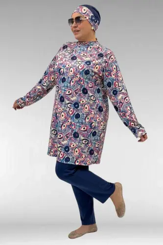 1727 Büyük Beden Uzunkol Tesettür Mayo Takım - Göz Desen İndigo-İndigo - BÜYÜKBEDENIZ (1)