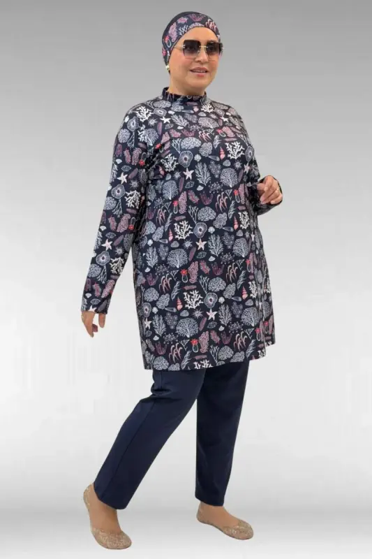 1727 Büyük Beden Uzunkol Tesettür Mayo Takım - Karışık Desen Laci-Laci - BÜYÜKBEDENIZ