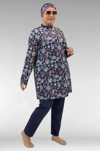 1727 Büyük Beden Uzunkol Tesettür Mayo Takım - Karışık Desen Laci-Laci - 2