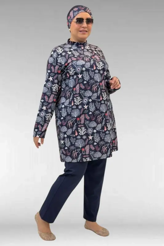 1727 Büyük Beden Uzunkol Tesettür Mayo Takım - Karışık Desen Laci-Laci - 2