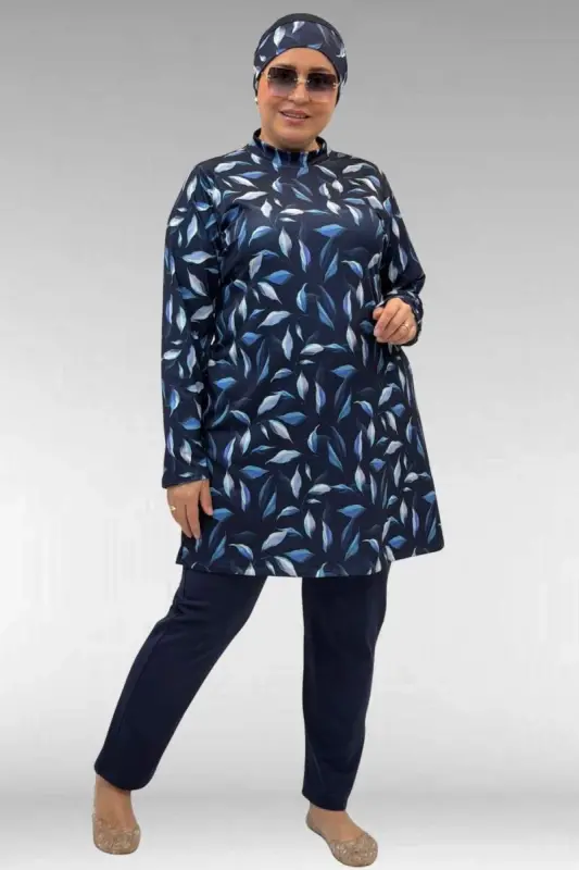 1727 Büyük Beden Uzunkol Tesettür Mayo Takım - Laci Yaprak Desenli-Laci - BÜYÜKBEDENIZ