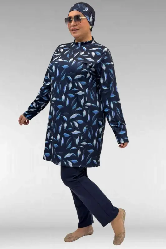 1727 Büyük Beden Uzunkol Tesettür Mayo Takım - Laci Yaprak Desenli-Laci - 2