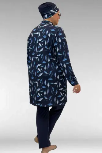 1727 Büyük Beden Uzunkol Tesettür Mayo Takım - Laci Yaprak Desenli-Laci - 3