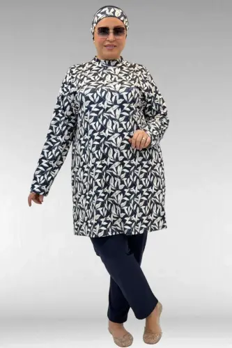 1727 Büyük Beden Uzunkol Tesettür Mayo Takım - Yaprak Desen Ekru-Laci - 1
