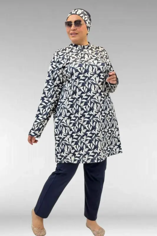 1727 Büyük Beden Uzunkol Tesettür Mayo Takım - Yaprak Desen Ekru-Laci - 2