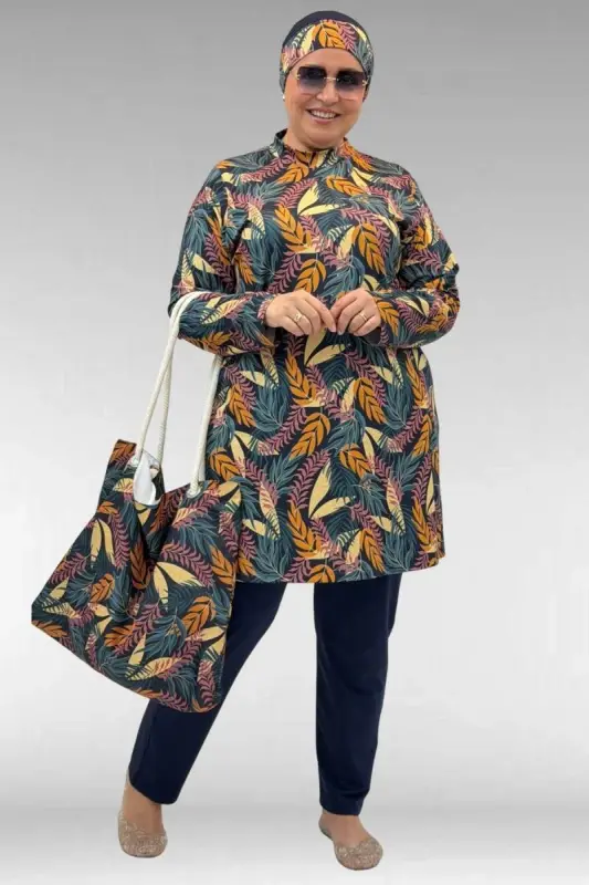 1727 Büyük Beden Uzunkol Tesettür Mayo Takım - Yaprak Desen Hardal-Laci - 1