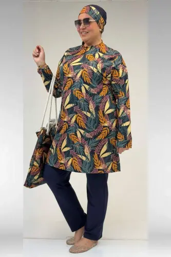 1727 Büyük Beden Uzunkol Tesettür Mayo Takım - Yaprak Desen Hardal-Laci - BÜYÜKBEDENIZ (1)