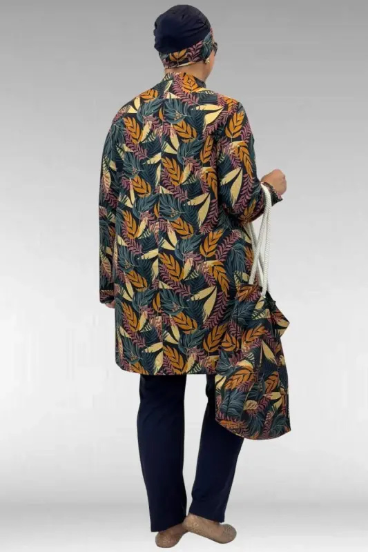 1727 Büyük Beden Uzunkol Tesettür Mayo Takım - Yaprak Desen Hardal-Laci - 3