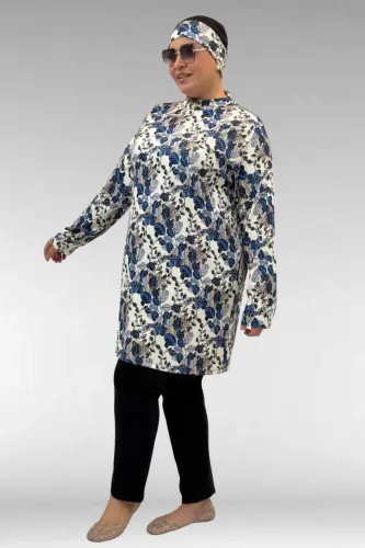 1727 Büyük Beden Uzunkol Tesettür Mayo Takım - Yaprak Desen Mavi-Siyah - BÜYÜKBEDENIZ (1)