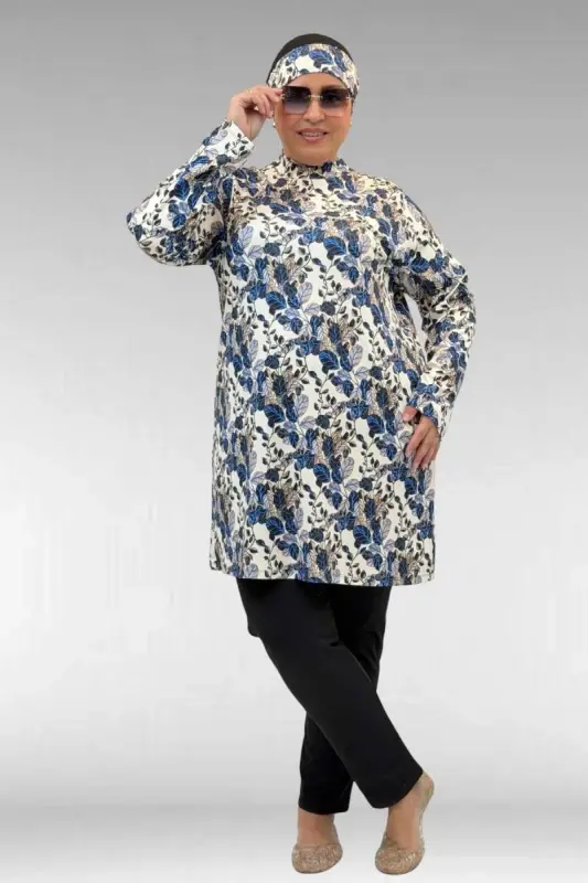 1727 Büyük Beden Uzunkol Tesettür Mayo Takım - Yaprak Desen Mavi-Siyah - BÜYÜKBEDENIZ
