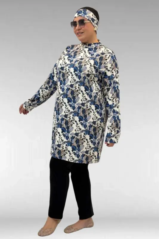 1727 Büyük Beden Uzunkol Tesettür Mayo Takım - Yaprak Desen Mavi-Siyah - 2