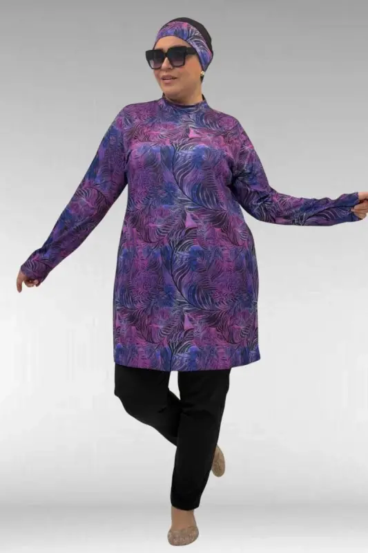 1727 Büyük Beden Uzunkol Tesettür Mayo Takım - Yaprak Desen Mor-Siyah - BÜYÜKBEDENIZ