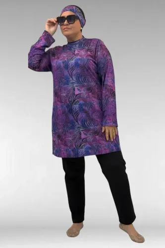 1727 Büyük Beden Uzunkol Tesettür Mayo Takım - Yaprak Desen Mor-Siyah - BÜYÜKBEDENIZ (1)