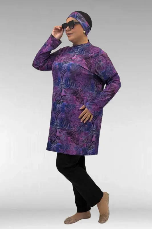 1727 Büyük Beden Uzunkol Tesettür Mayo Takım - Yaprak Desen Mor-Siyah - 3
