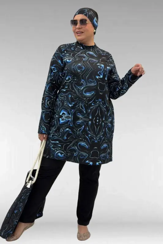 1727 Plus Size Long Sleeve Hijab Swimsuit Set - Aqua Blue-Black - 2