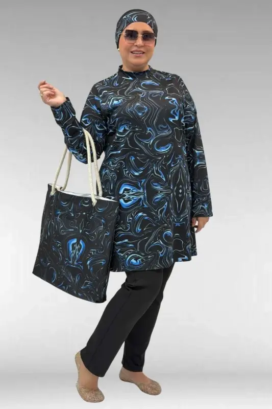 1727 Plus Size Long Sleeve Hijab Swimsuit Set - Aqua Blue-Black - 3