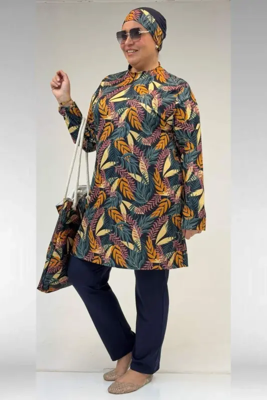 1727 Plus Size Long Sleeve Hijab Swimsuit Set - Leaf Pattern Mustard-Navy - 2