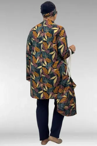 1727 Plus Size Long Sleeve Hijab Swimsuit Set - Leaf Pattern Mustard-Navy - 3
