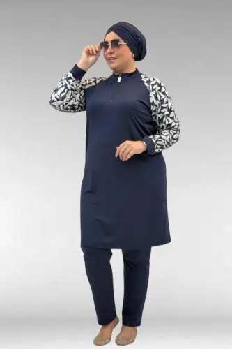 1732 Большой размер Купальник с воротником-стойкой на молнии - Лиственный узор Экрю-Темно-синий - 3