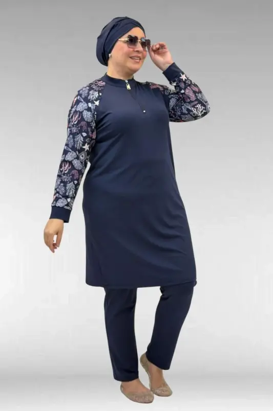 1732 Большой размер Купальник с воротником-стойкой на молнии - Смешанный узор Темно-синий-Темно-синий - 3