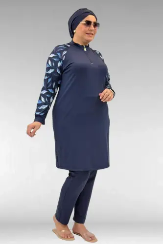 1732 Büyük Beden Balıkçı Yaka Fermuarlı Mayo - Laci Yaprak Desenli-Laci - 1