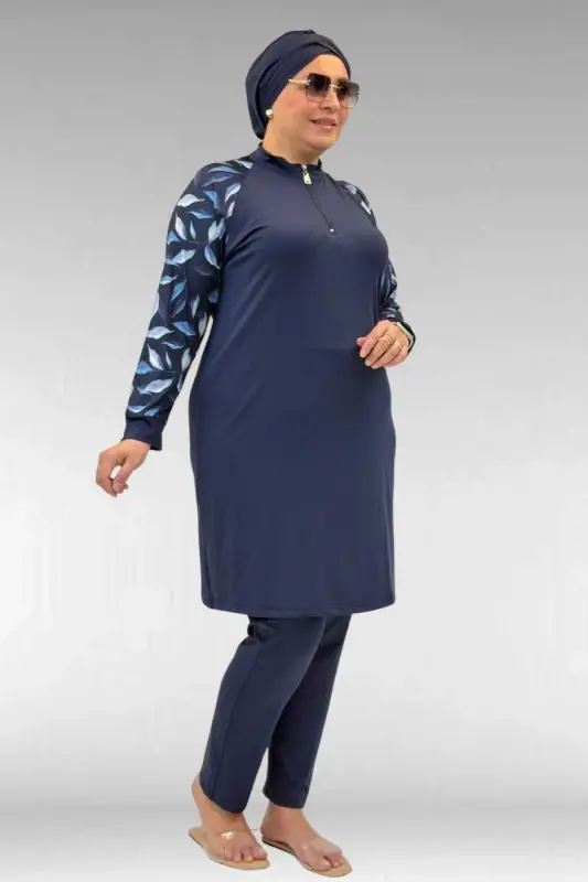 1732 Büyük Beden Balıkçı Yaka Fermuarlı Mayo - Laci Yaprak Desenli-Laci - 1