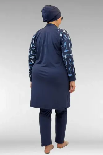 1732 Büyük Beden Balıkçı Yaka Fermuarlı Mayo - Laci Yaprak Desenli-Laci - 3